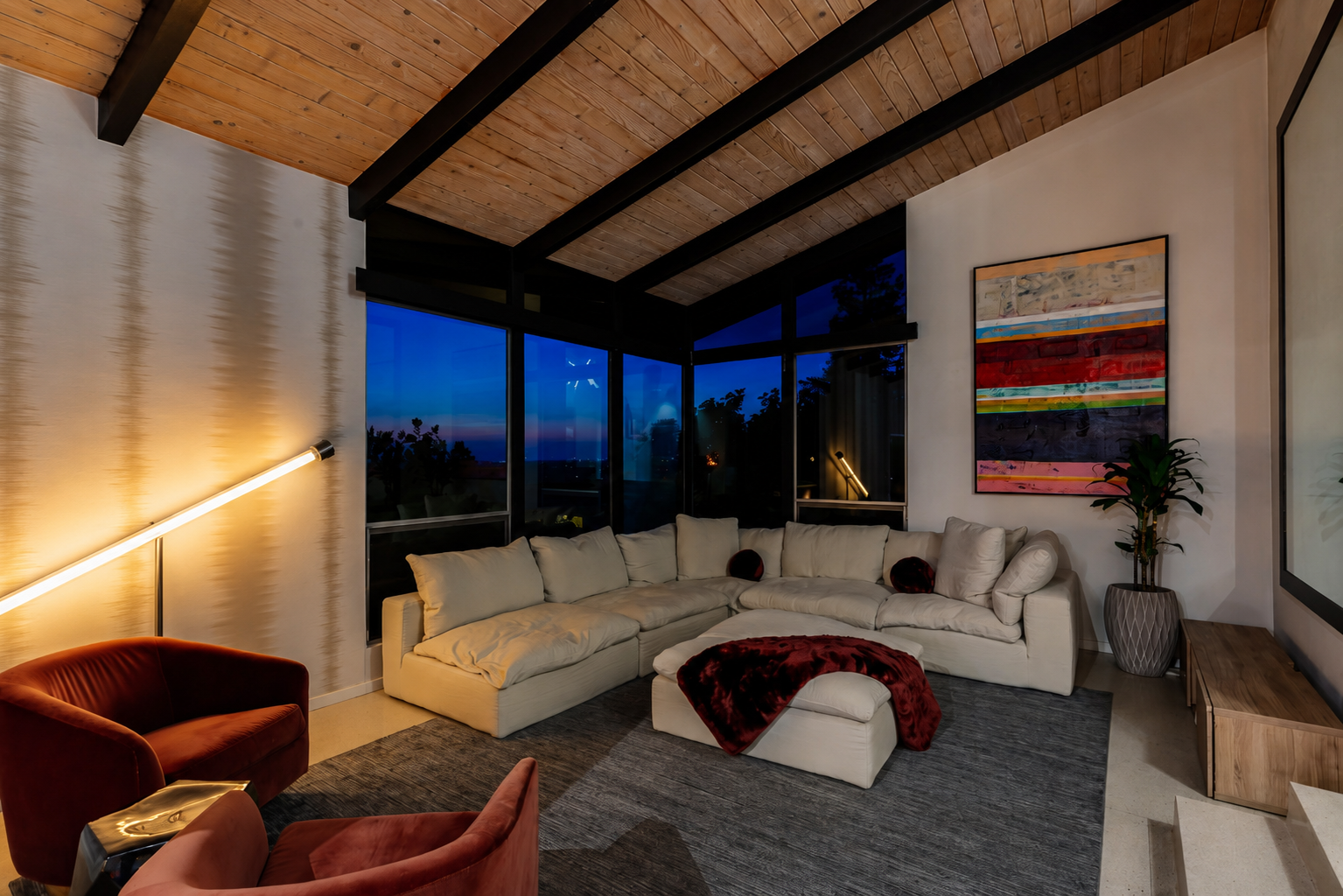 Casa Buena living room at twilight